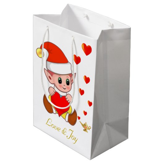 Stomme elf met liefdesharten op witte achtergrond medium cadeauzakje (Achterkant Gekanteld)