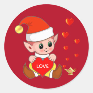Stomme elf met liefdesharten rood ronde sticker