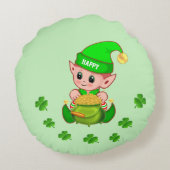Stomme elf, pot goud & shamrocken op lichtgroen rond kussen (Achterkant)