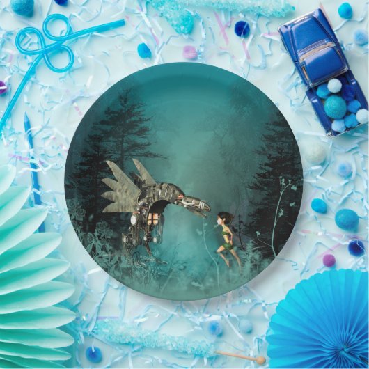 Stomme fee met stoomdraak in een fantasiewoud papieren bordje (Feest)