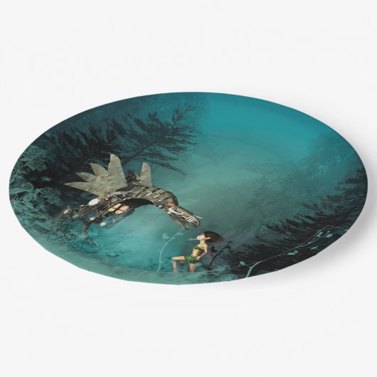 Stomme fee met stoomdraak in een fantasiewoud papieren bordje (Gekanteld)