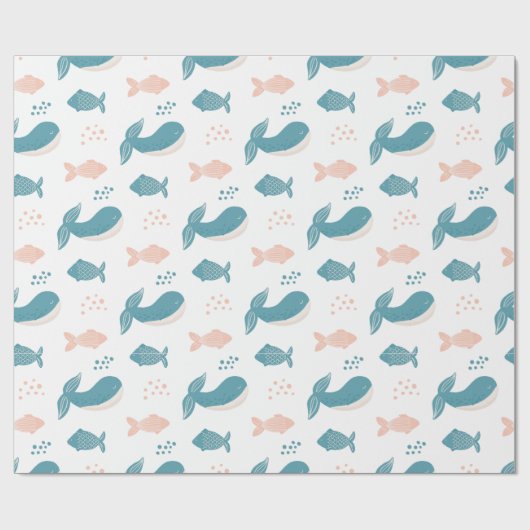 Stomme gekke blauwe walvis en vis. Nautisch dier Cadeaupapier (Vlak)