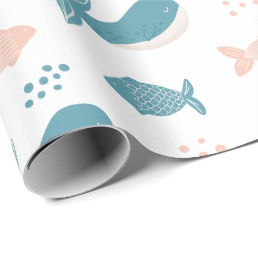 Stomme gekke blauwe walvis en vis. Nautisch dier Cadeaupapier (Rol Hoek)