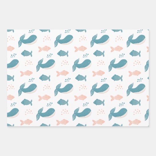 Stomme gekke blauwe walvis en vis. Nautisch dier Inpakpapier Vel (Voorkant 2)