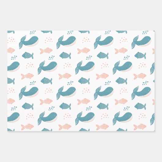 Stomme gekke blauwe walvis en vis. Nautisch dier Inpakpapier Vel (Voorkant)