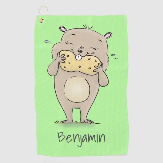 Stomme glimlachende hamster met pinda-cartoon golfhanddoek (Voorkant)