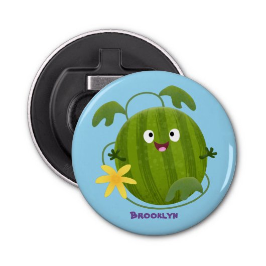 Stomme glimlachende watermeloen cartoon button flesopener (Voorkant)