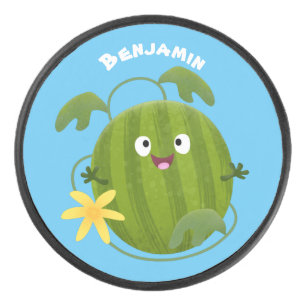 Stomme glimlachende watermeloen cartoon hockey puck