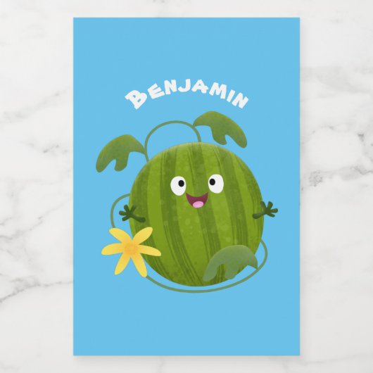 Stomme glimlachende watermeloen cartoon voedselcontainer etiket (Enkel label)