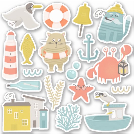 Stomme grappige katten, meeuw, krab. Nautische zee Sticker (Voorkant)