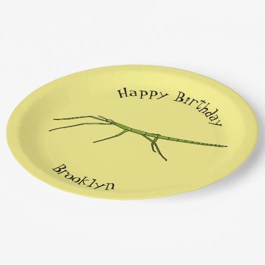 Stomme groene stokinsecten met gelukkige gezichten papieren bordje (Gekanteld)