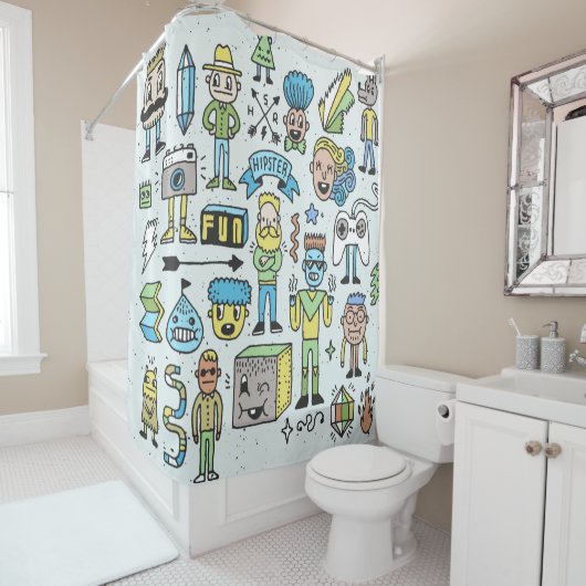 Stomme hipsters doodle set 2. Kleurrijke  hand Douchegordijn (In situ)