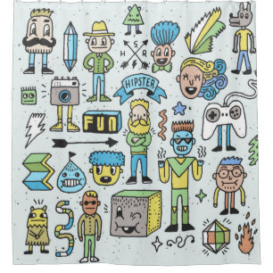 Stomme hipsters doodle set 2. Kleurrijke hand Douchegordijn