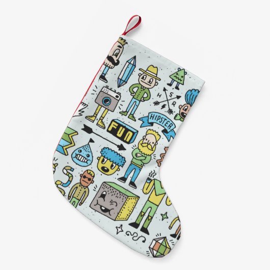 Stomme hipsters doodle set 2. Kleurrijke  hand Kleine Kerstsok (Voorkant (Hangend))