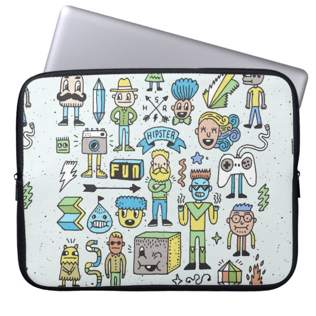 Stomme hipsters doodle set 2. Kleurrijke  hand Laptop Sleeve (Voorkant)