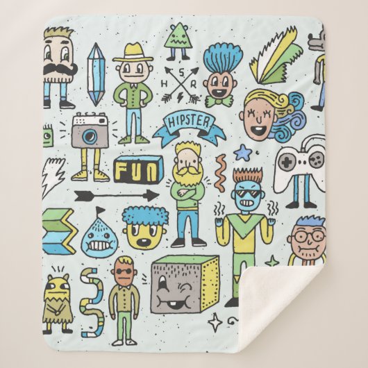 Stomme hipsters doodle set 2. Kleurrijke  hand Sherpa Deken (Voorkant)