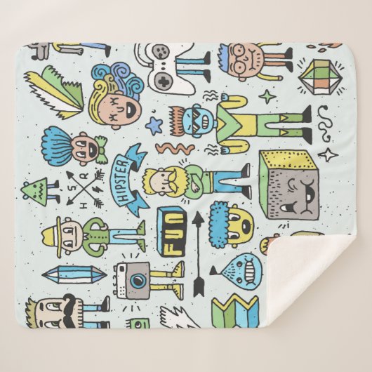 Stomme hipsters doodle set 2. Kleurrijke  hand Sherpa Deken (Voorkant (horizontaal))