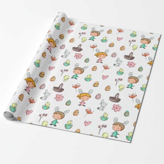 Stomme Kinderen met Bunny Ears Spring Pattern Holi Cadeaupapier (Uitgerold)