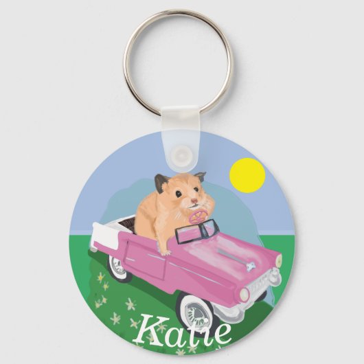 Stomme kleine hamster Een roze auto besturen Sleutelhanger (Voorkant)