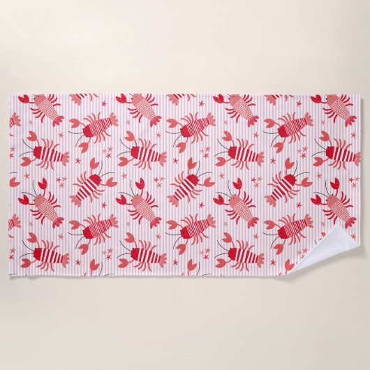 Stomme kreeften op lichtroze witte streep strandlaken (Voorkant)