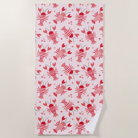 Stomme kreeften op lichtroze witte streep strandlaken (Voorkant)