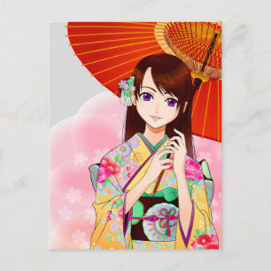 Stomme meid in roze Floral Kimono met rode vlek Briefkaart