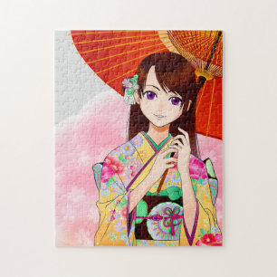 Stomme meid in roze Floral Kimono met rode vlek Legpuzzel