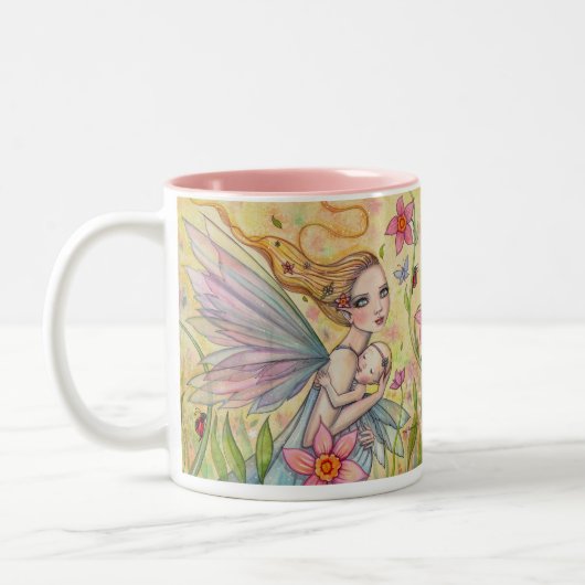 Stomme moeder en Baby Fairy Whimsical Fantasy Art Tweekleurige Koffiemok (Links)