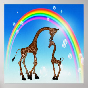 Stomme moeder en Baby Giraffe & regenboog Poster