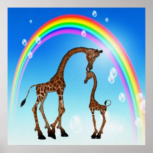 Stomme moeder en Baby Giraffe & regenboog Poster (Voorkant)