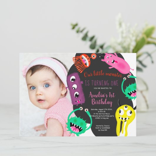 Stomme monsters illustratie 1e verjaardag foto kaart (Staand voorkant)