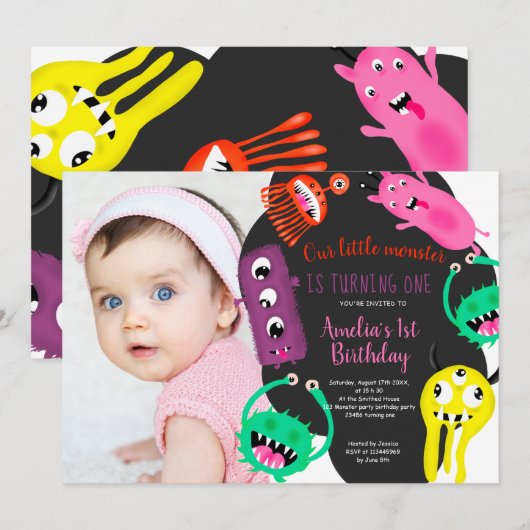 Stomme monsters illustratie 1e verjaardag foto kaart (Voorkant / Achterkant)