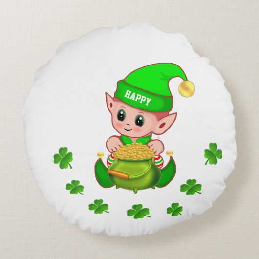 Stomme plank, pot goud & gelukshamrocken op wit rond kussen (Achterkant)