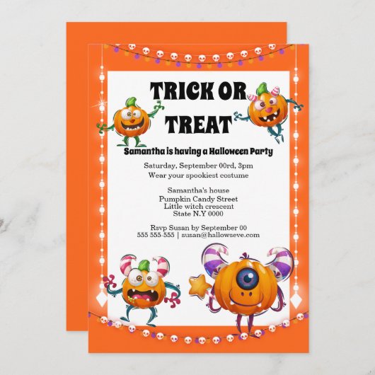 Stomme pompoenmonsters kinder halloween costuum pa kaart (Voorkant / Achterkant)