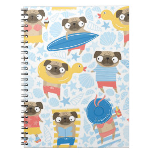 Stomme pugs op vakantie. patroon met cartoon notitieboek