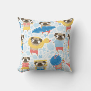 Stomme pugs op vakantie. patroon met tekenfilm kussen