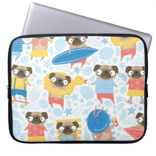Stomme pugs op vakantie. patroon met tekenfilm laptop sleeve