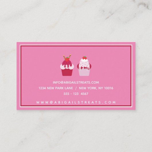 Stomme roze aardbeiensnokken, catering/bakkerij visitekaartje (Achterkant)