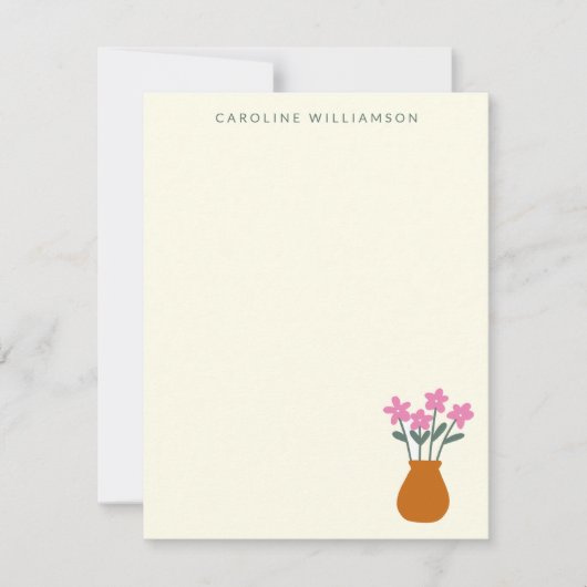 Stomme Roze Bloemen in Vase Gepersonaliseerde Naam Notitiekaartje (Voorkant)