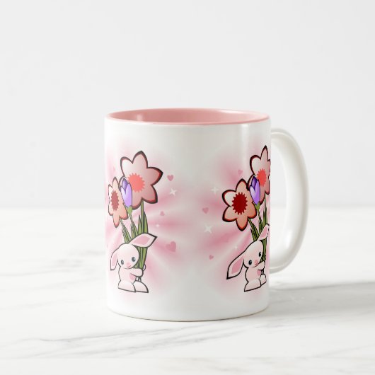 Stomme roze Bunny met bloemen Tweekleurige Koffiemok (Voorkant rechts)