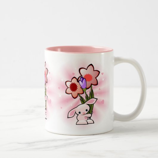 Stomme roze Bunny met bloemen Tweekleurige Koffiemok (Rechts)