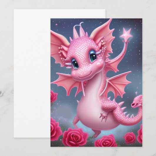 Stomme roze draak met roze bloemen feestdagenkaart (Voorkant / Achterkant)