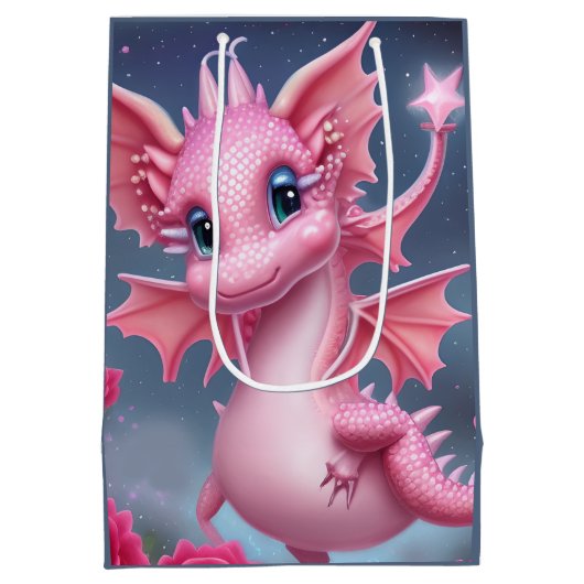 Stomme roze draak met roze bloemen medium cadeauzakje (Achterkant)