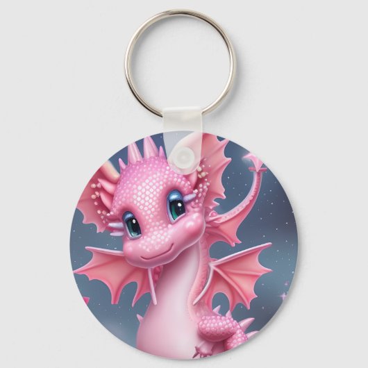 Stomme roze draak met roze bloemen sleutelhanger (Voorkant)