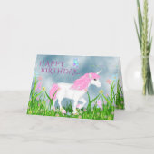 Stomme roze en witte unicorn met Bloemen Birthday Kaart (Voorkant)