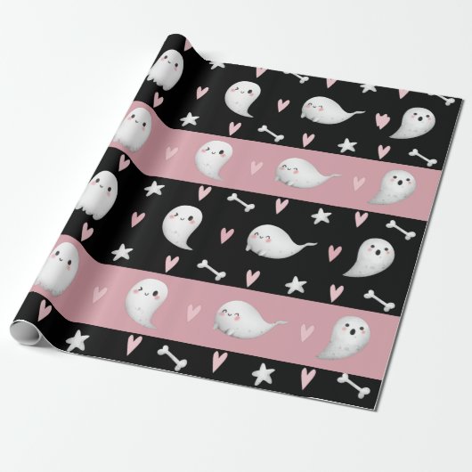 Stomme roze gestript geesten Harten en Botten Kind Cadeaupapier (Uitgerold)