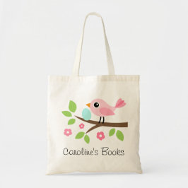 Stomme roze vogel met een gepersonaliseerd bibliot tote bag