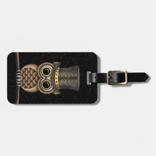 Stomme Steampunk Owl op een Tak met sterren Bagagelabel (Voorkant horizontaal)