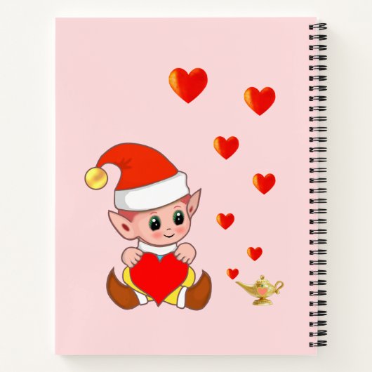 Stomme tovenaar elf met liefdesharten op lichtroze notitieboek (Achterkant)