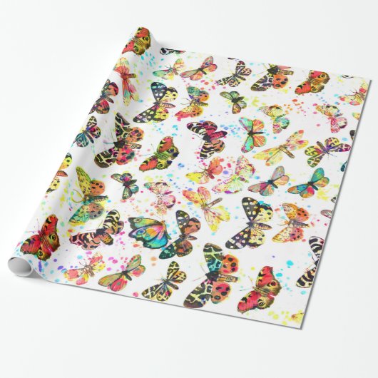 Stomme trendy waterverf splatters butterflies cadeaupapier (Uitgerold)